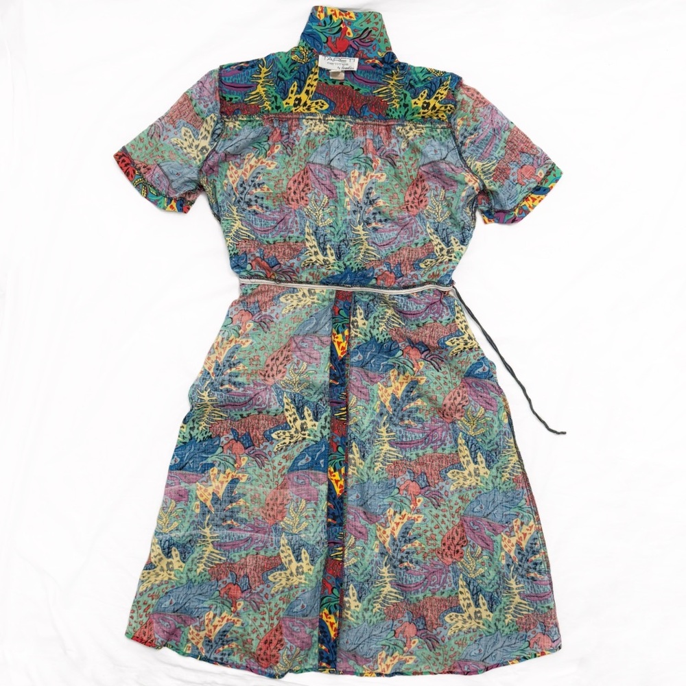 Vintage 80s Tareti Petites Retro Abstract Multicolor Button Up Collared Dress - Picture 8 of 11